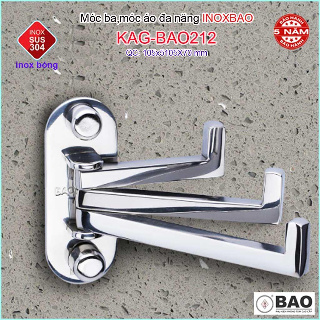 Móc 3 Inox Bảo KAG-BAO212, Móc xoay 180 độ treo đồ nhà tắm SUS304 thiết kế tuyệt đẹp sang trọng tinh tế đến từng chi tiế