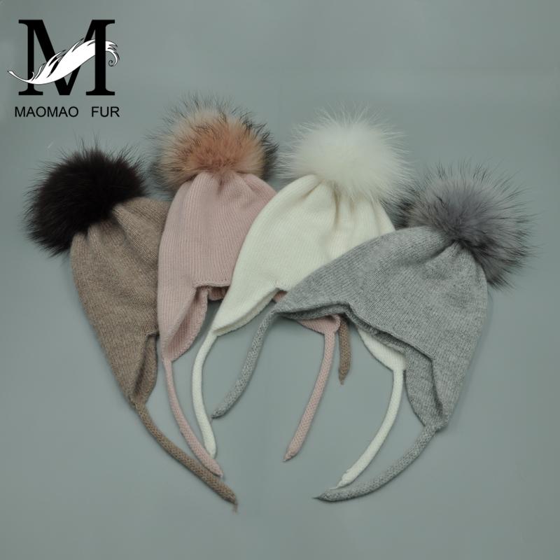 Nón Trẻ Em Trẻ Em Dễ Thương Ấm Beanies Bảo Vệ Tai Nón Mùa Thu Đông Bé Trai Bé Gái Angora Đan Nón Cho Bé Thật Lông Thú bóng Unisex Nắp