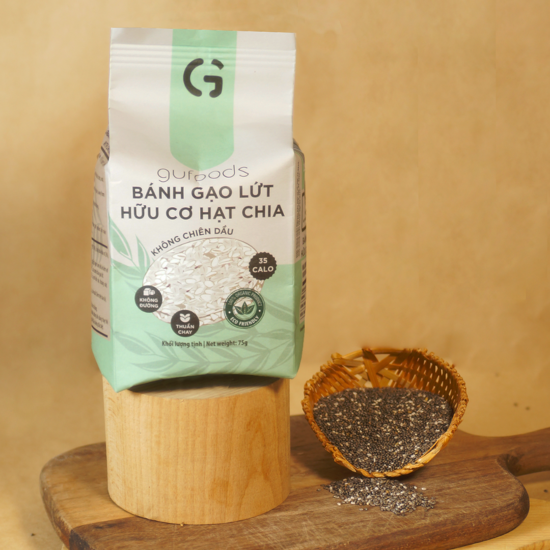 Bánh gạo lứt ăn kiêng hữu cơ hạt chia GUfoods - Hạt chia organic, Không đường, Thuần chay