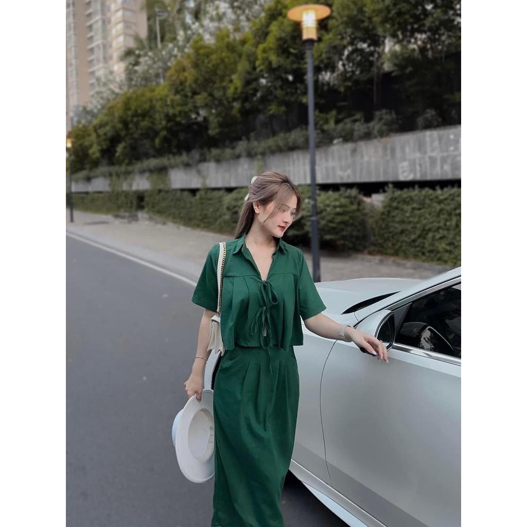 (HÀNG QC L1) SET ÁO CROPTOP TAY NGẮN FROM RỘNG XẾP LY CỘT NƠ MIX CHÂN VÁY DÀI XẺ SAU CỰC HOT CHO CÁC NÀNG SANG CHẢNH - Xanh lá đậm