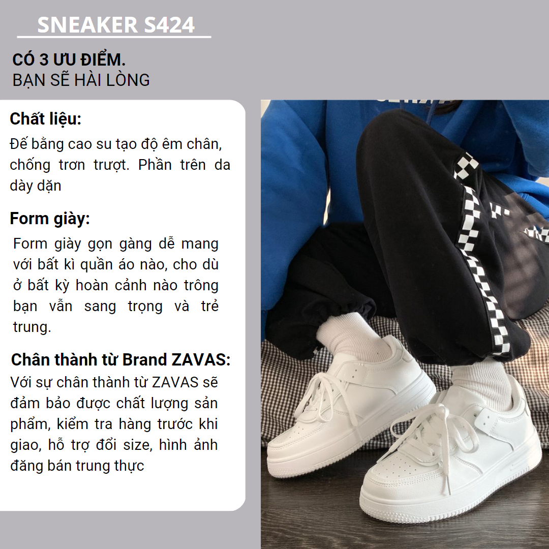 Giày thể thao sneaker nữ ZAVAS đế cao 3cm màu trắng bằng da mang êm chân thời trang cá tính - S424