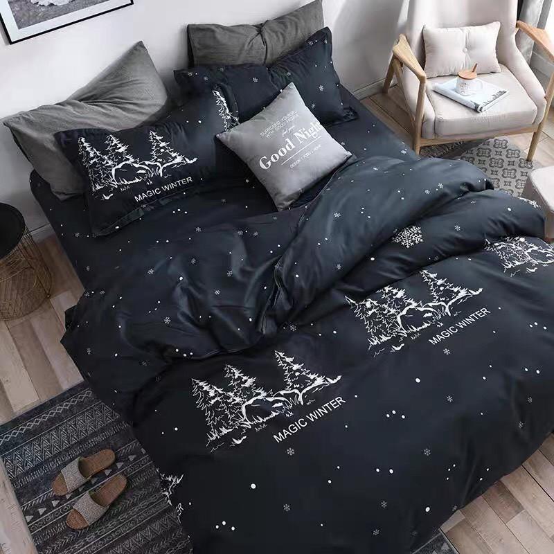Bọ chăn ga gối Cotton poly M2T bedding, vỏ chăn mền, drap ga giường và 2 vỏ gối - Pl Cây thông đen