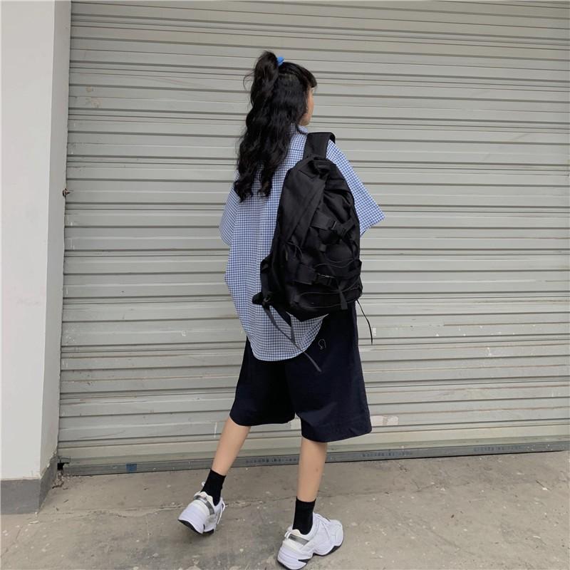 Áo sơ mi nữ cộc tay cổ bẻ kẻ sọc caro xanh form rộng style học sinh cá tính Hàn Quốc