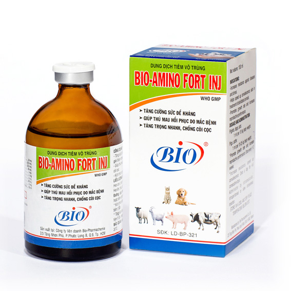 BIO AMINO FORT INJ chai 100ml dung dịch tiêm tăng cường sức đề kháng, giúp thú mau hồi phục do mắc bệnh, tăng trọng nhanh, chống còi cọc