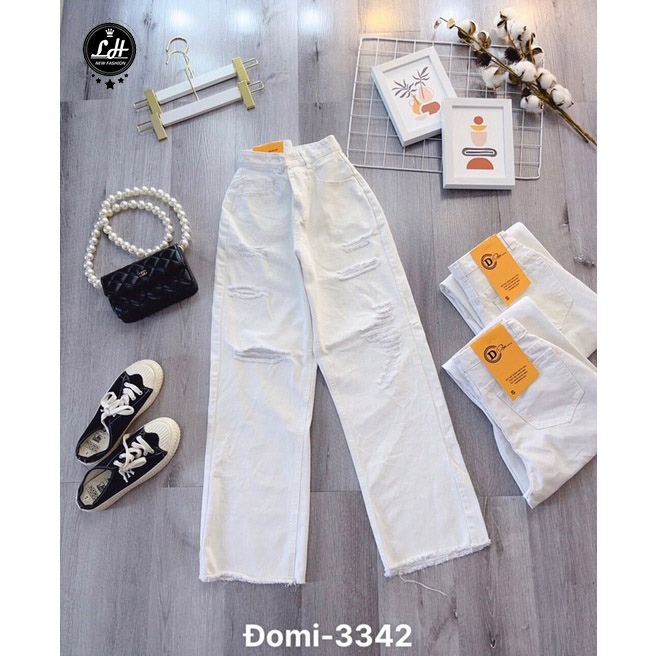 Quần jean trắng, quần bò ống suông nữ màu trắng ulzzang siêu cao Lê Huy Fashion MS 3334