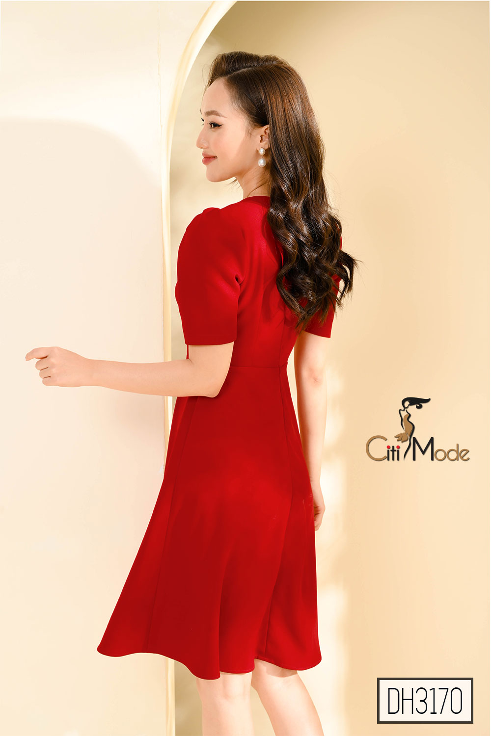 Đầm xòe đỏ công sở CITI MODE đính nơ ngưc chất vải co giãn cao cấp DH3170