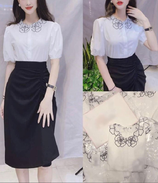 Áo kiểu sơ mi nữ đính hoa cổ cho nàng công sở xinh đẹp