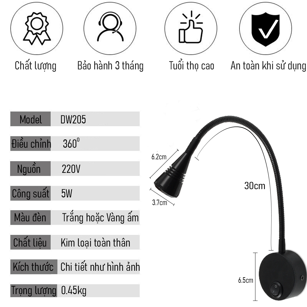Đèn học và Đọc sách đầu giường Led 3W, Loại gắn tường, Ánh sáng chiếu rọi điểm, Tích hợp đèn ngủ, Đèn trang trí Nhà hàng, Khách Sạn, Showroom