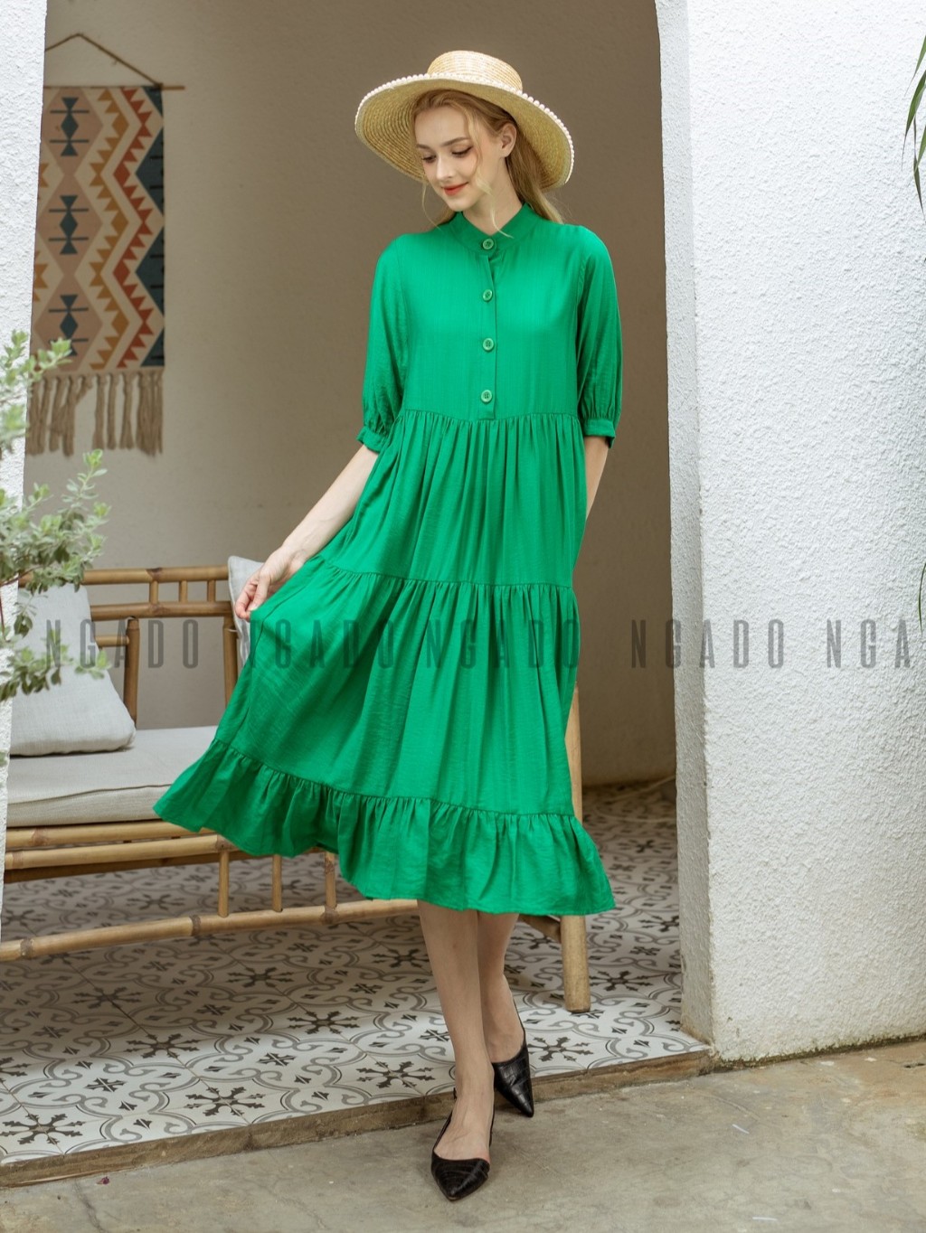 Đầm xanh lá tay lửng NGADO