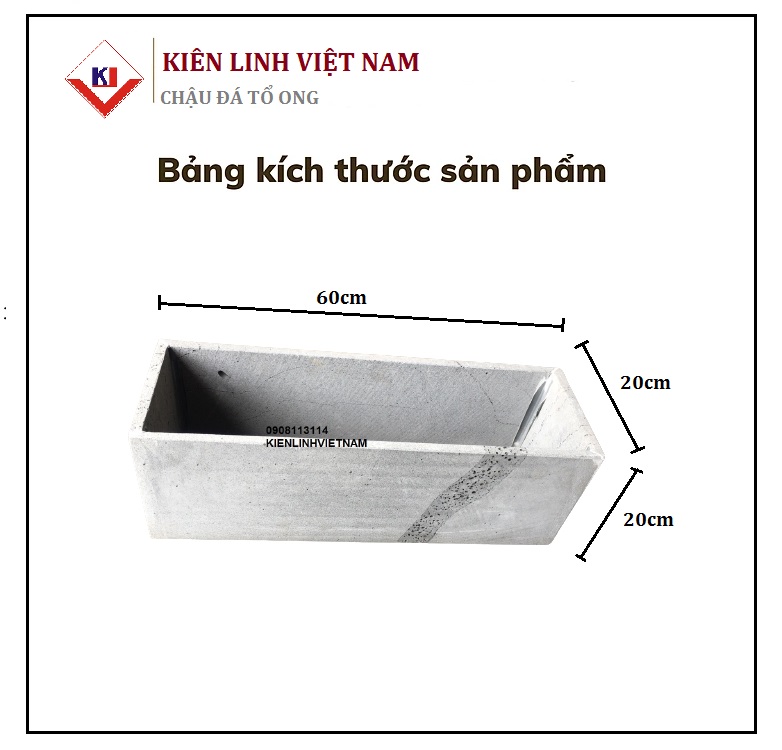 Chậu trồng cây trồng hoa ban công siêu bền bằng đá ong xám tự nhiên hình chữ nhật kích thước D60cmxR20xC20cm