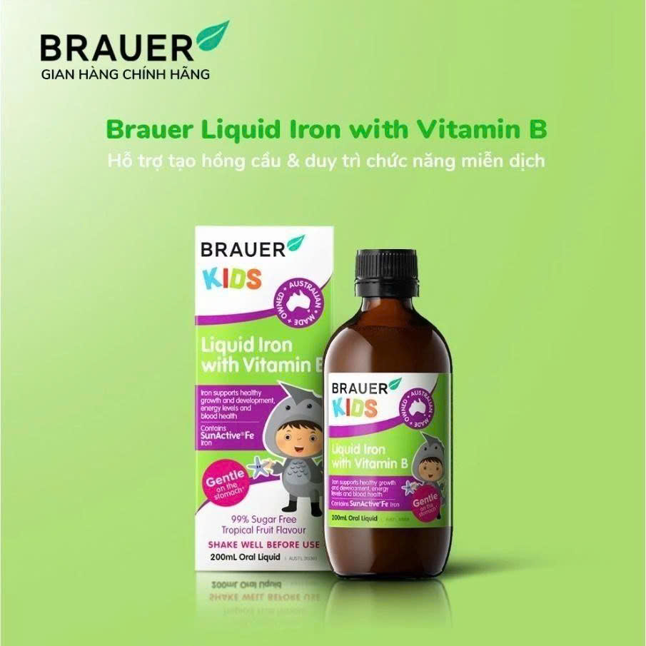 Siro Brauer Liquid Iron with Vitamin B 200ml Hỗ trợ bổ sung Sắt &amp; vitamin B cho trẻ từ 1 tuổi