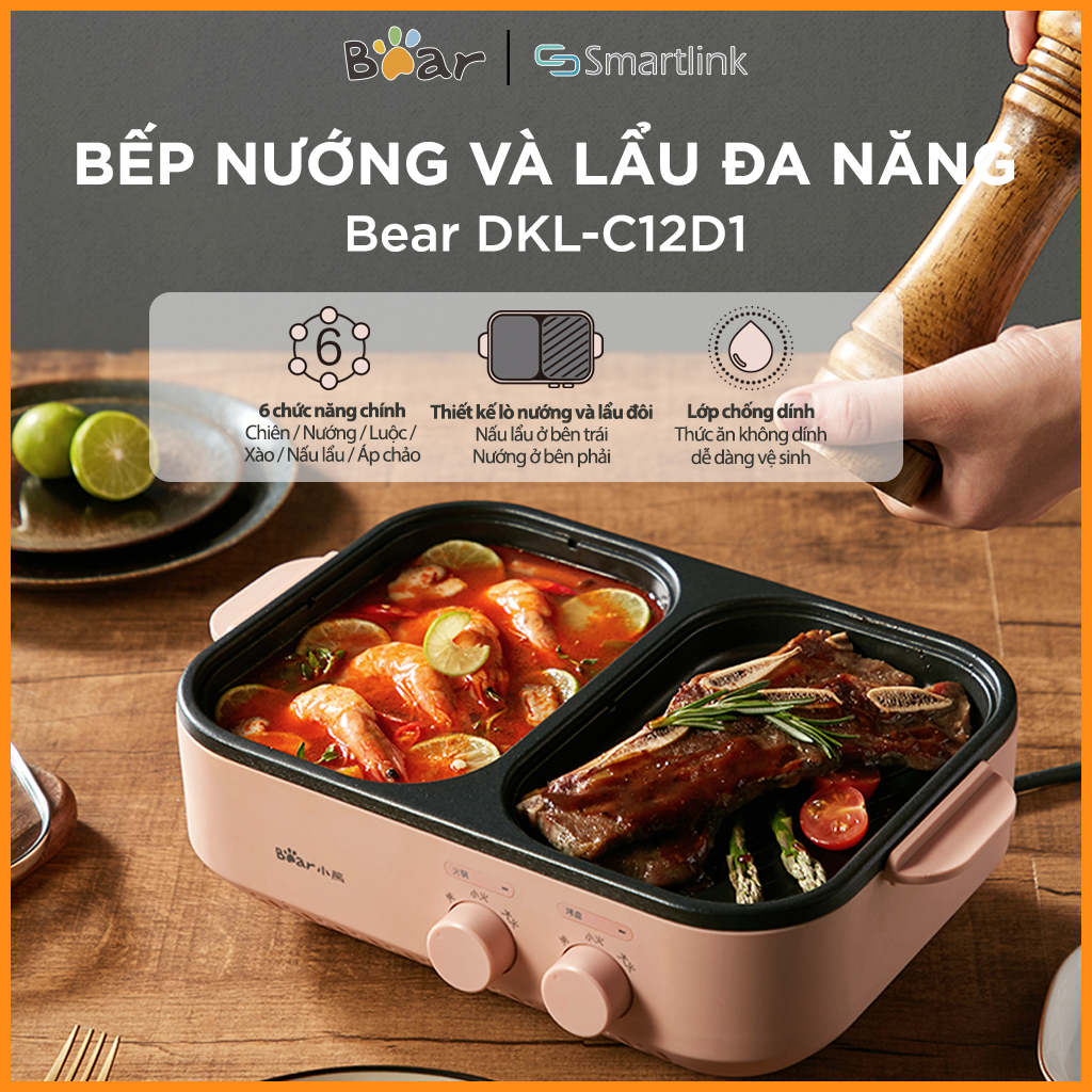 Bếp Lẩu Nướng Điện Đa năng Mini 2 trong 1 Bear DKL-C12D1 - Kết hợp 2 Ngăn Lẩu và nướng - Chống dính cao cấp phù hợp 1-2 người - Bản Quốc Tế - Hàng chính hãng