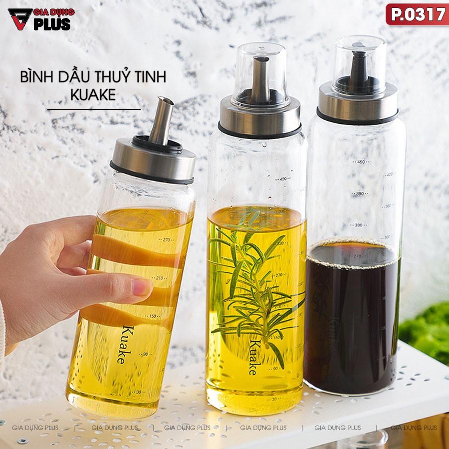 Bình đựng dầu ăn, nước mắm thuỷ tinh borosilicate (chịu nhiệt, chịu lực tốt) tay cầm &amp; viền inox 304 cao cấp