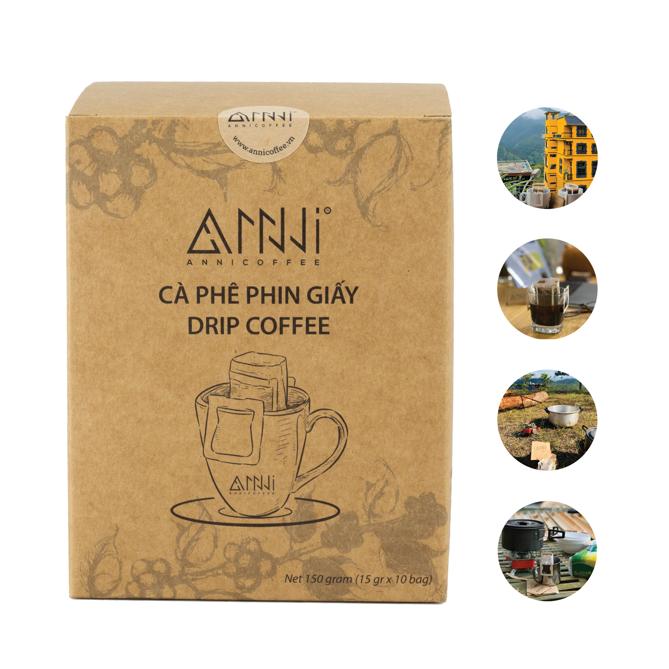 Cà Phê Phin Giấy (Hộp 10 gói x 15Gr) 100% Arabica &amp; Robusta nguyên chất Kèm gói đường bên trong- Drip Bag Coffee - Cà Phê Tiện Lợi - Cà Phê Phin Giấy (150g) - ANNI Coffee