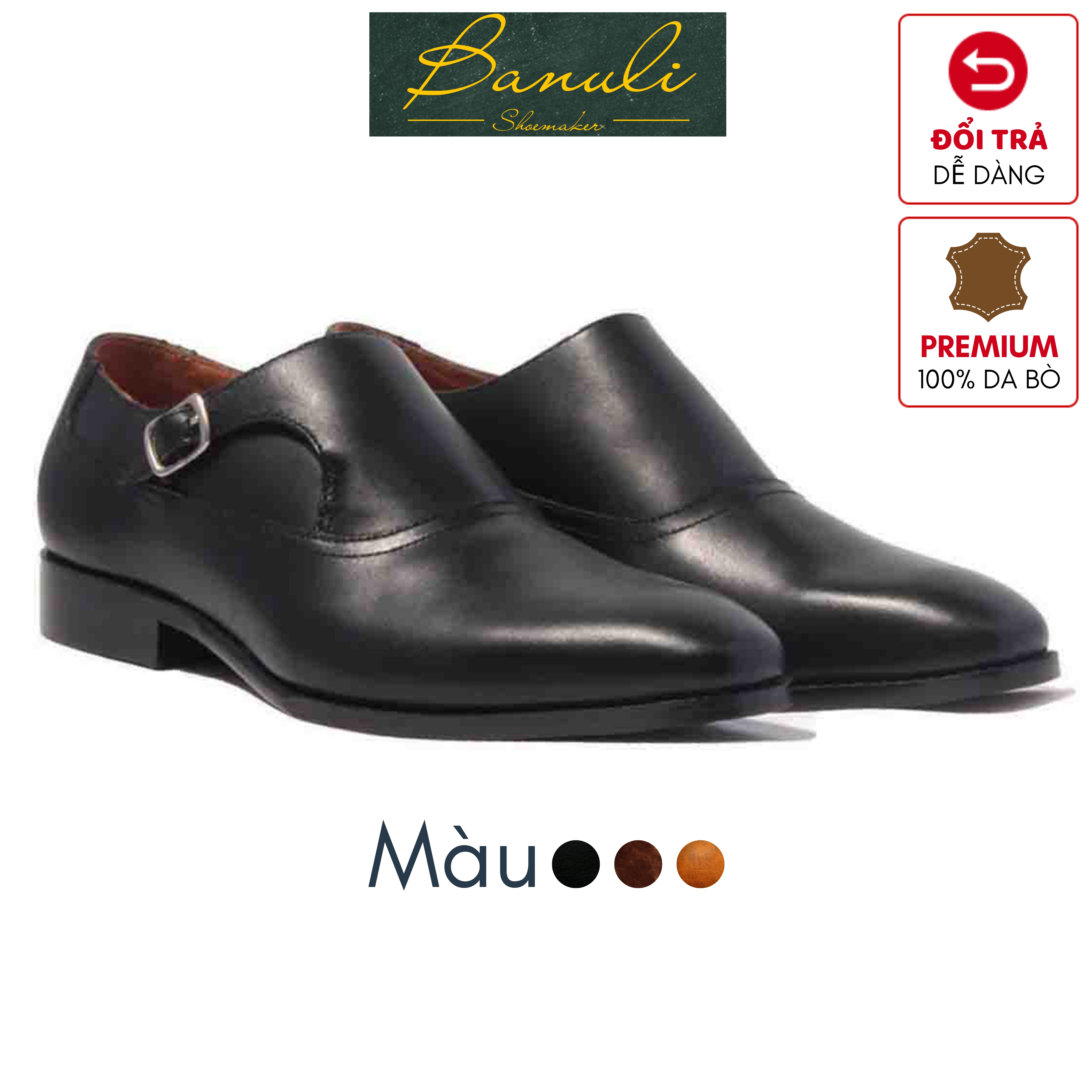 Giày Tây Monk Strap Banuli Nam Công Sở Da Bê Italian 1 Khoá Cài H1MS1M0 (Da Mềm Dẻo, Đế Siêu nhẹ, Bảo Hành Trọn Đời)