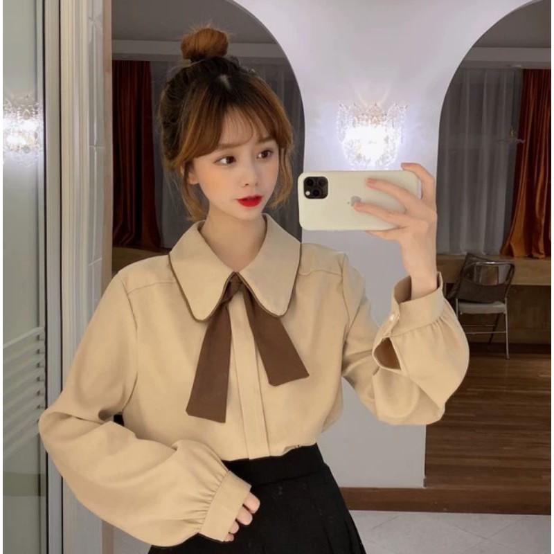 Áo sơ mi nữ dài tay thắt nơ cổ công sở thanh lịch Quảng Châu