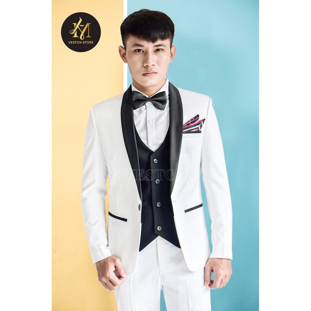 Full set bộ vest nam màu trắng cổ sam đen + gile + cà vạt nơ