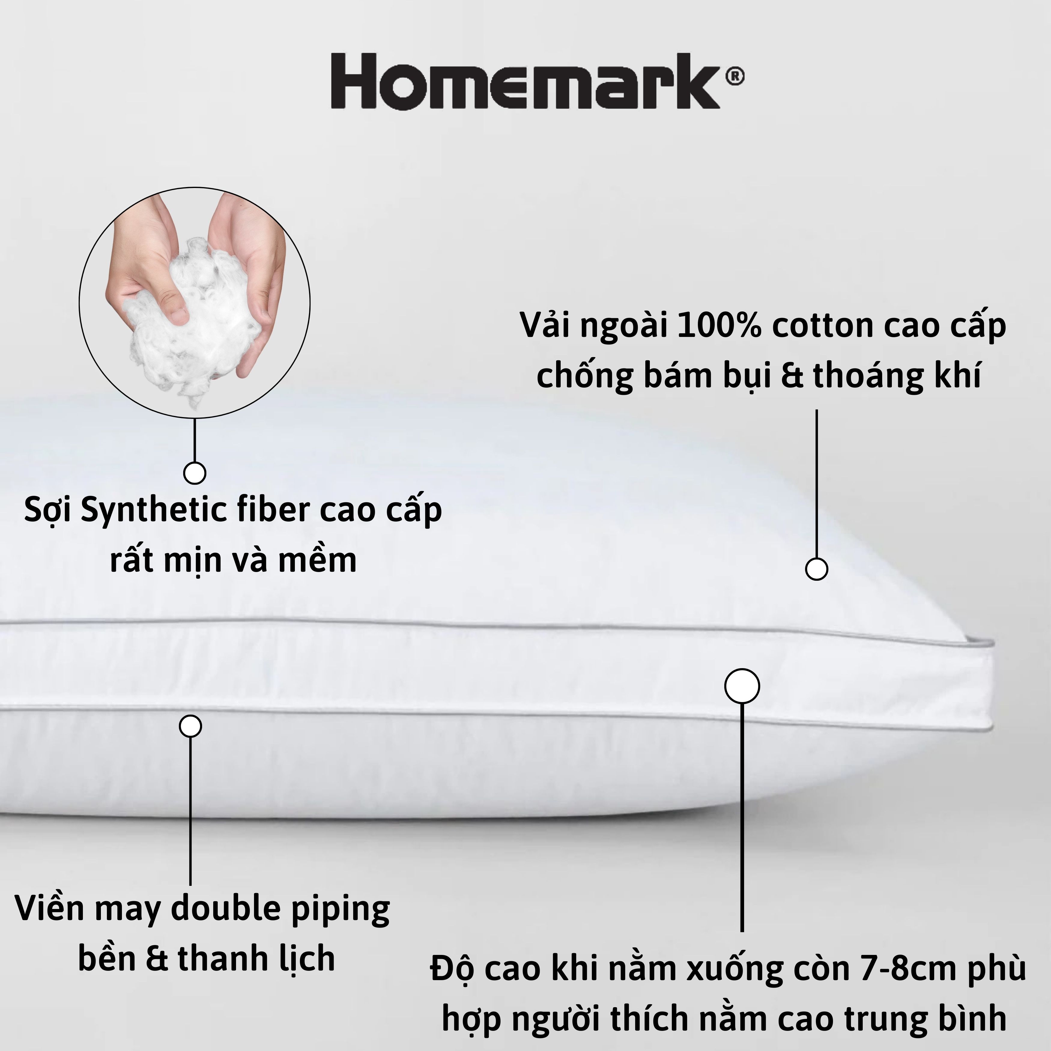 Ruột Gối Lông Vũ Nhân Tạo Homemark - Êm Ái, Thoáng Khí, Chống Bám Bụi, Chống Xẹp Lún, Hỗ Trợ Giấc Ngủ Ngon - 50x70cm