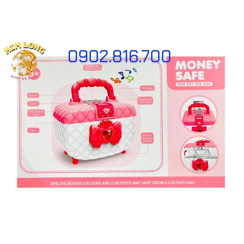 Đồ chơi két sắt vân tay mini thông minh tiết kiệm tiền hình cốp vali trang điểm màu hồng quà tặng cho bé gái