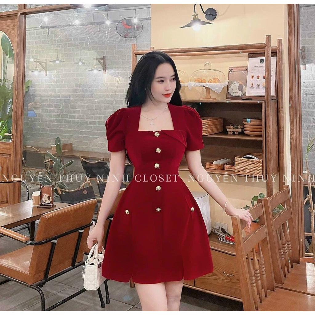 FREE SHIP Đầm Váy Nữ Chất Vải Nhung Cứng Dáng Xoè Đính Cúc Ngực Thiết Kế Sang Chảnh  KIM GIA DS