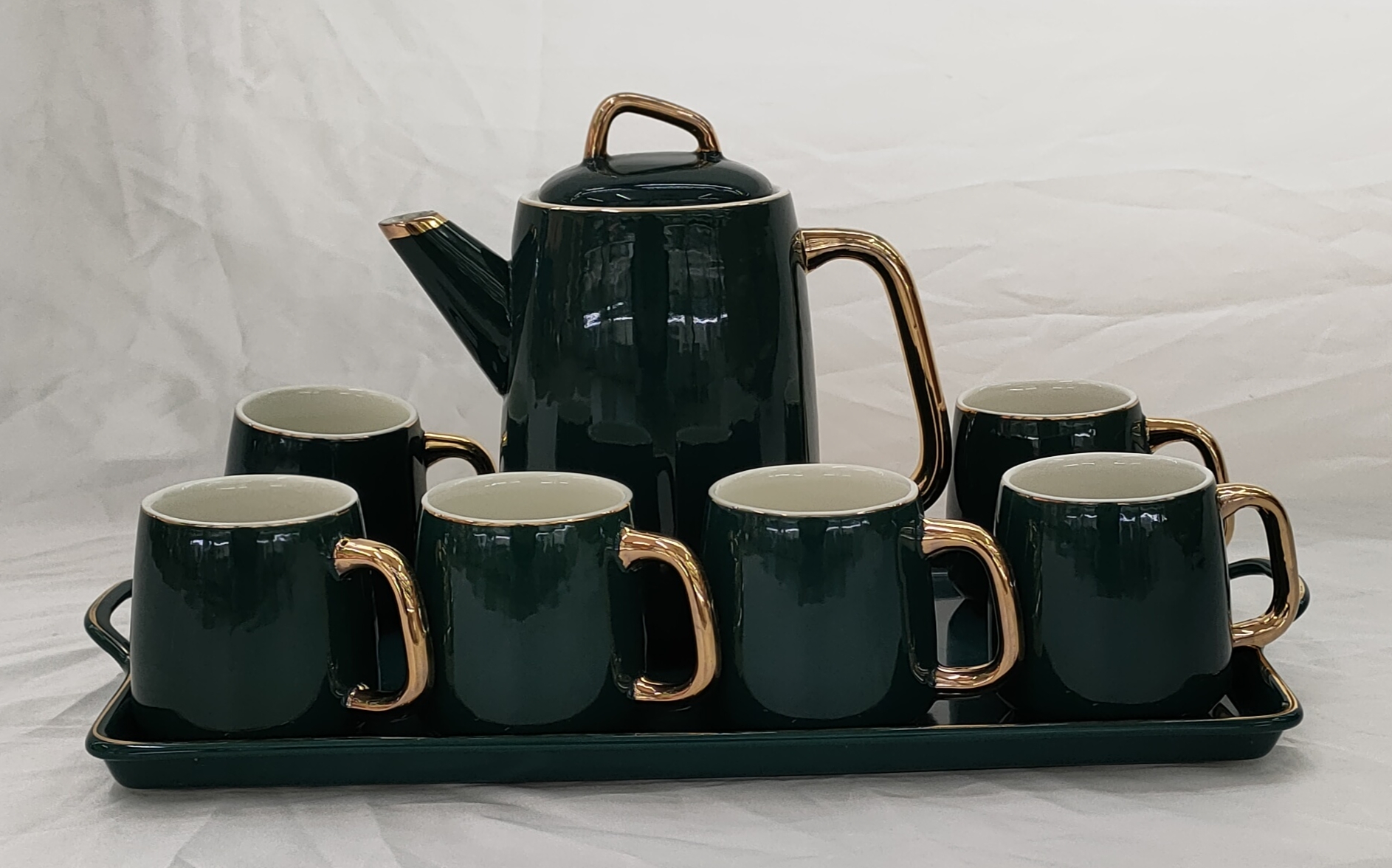 Bộ bình trà ( ấm chén ) bằng Sứ uống trà , cà phê màu xanh cổ vịt viền vàng sang trọng