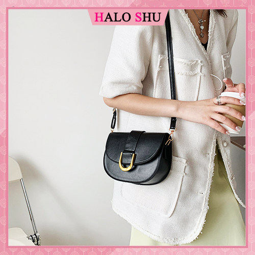 Túi xách nữ, túi đeo chéo dáng  bầu da trơn móc hình móng ngựa phù hợp đi chơi Halo Shu size 18 mã MN001 đen, nâu, trắng