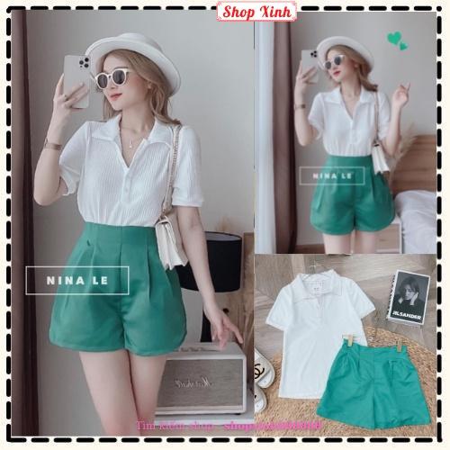 Bộ đồ nữ sang chảnh Set áo phông trắng cổ bẻ polo mix quần short ống rộng tacta xanh ngọc thời trang