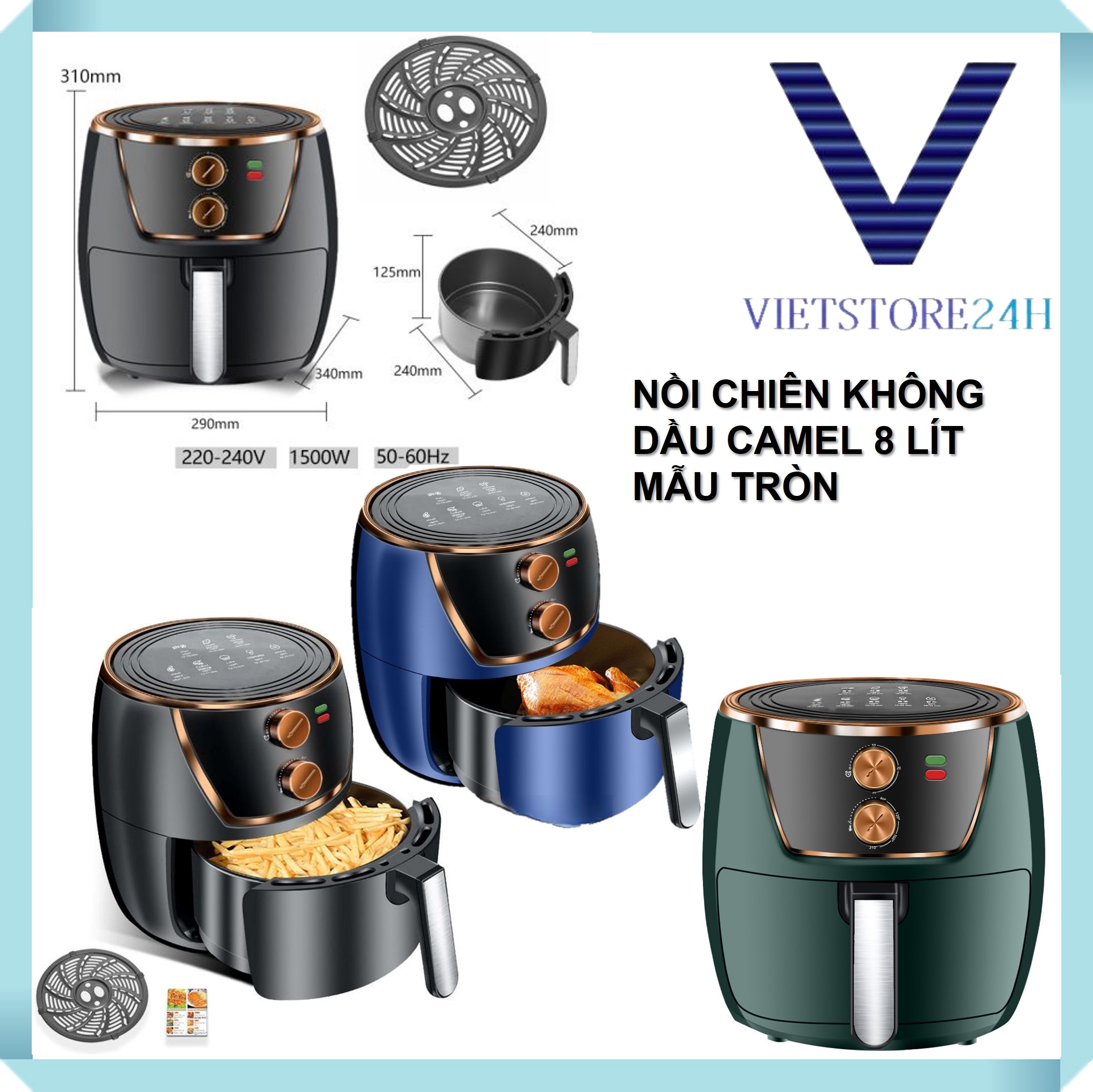 Nồi Chiên Không Dầu Camel 8L Mẫu Tròn Đa Năng Chống Dính 2 Lớp Bền Bỉ Và Dễ Vệ Sinh