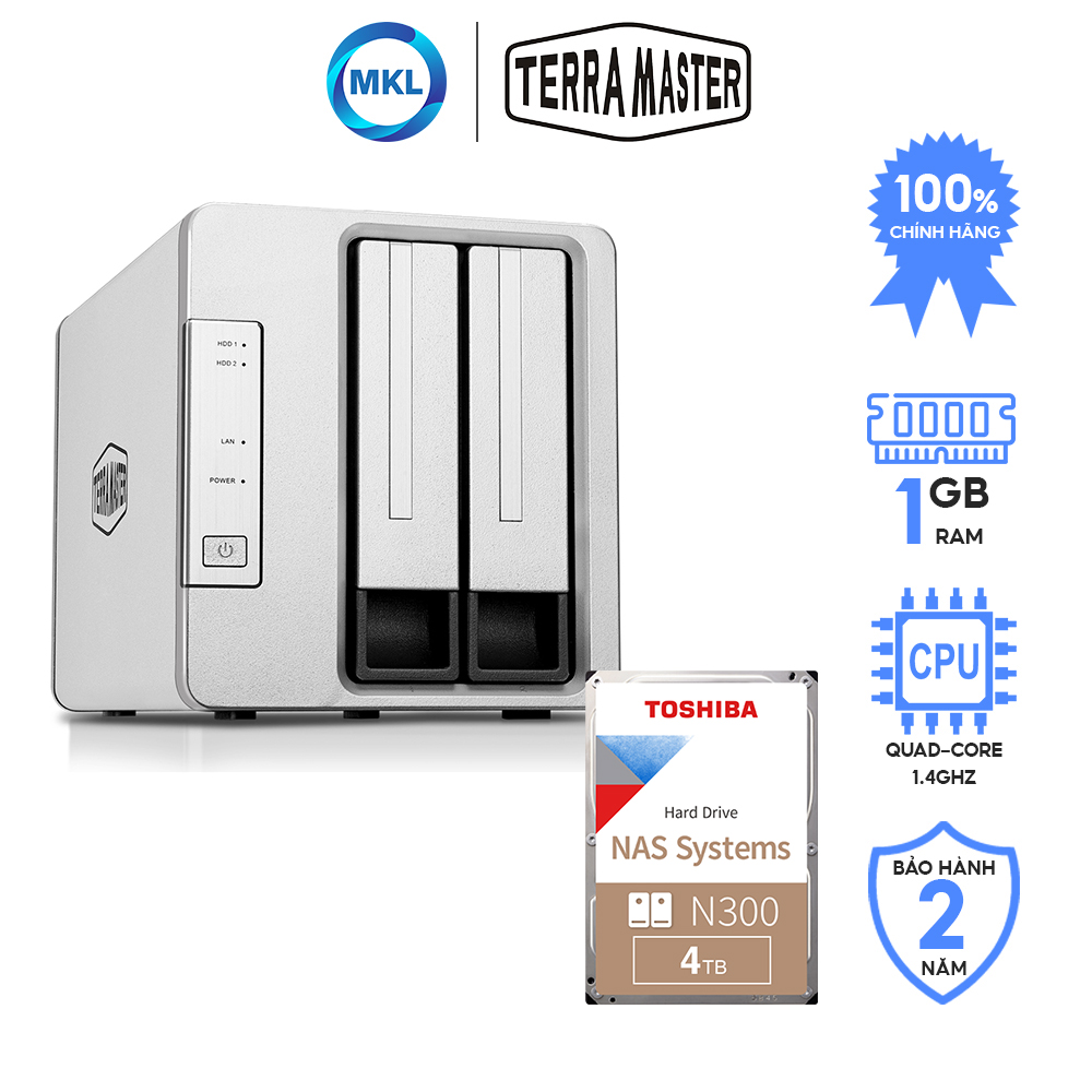 Combo ổ cứng mạng Nas Terra Master F2-210 2 khay + ổ cứng HDD Nas Toshiba N300 4TB - hàng chính hãng