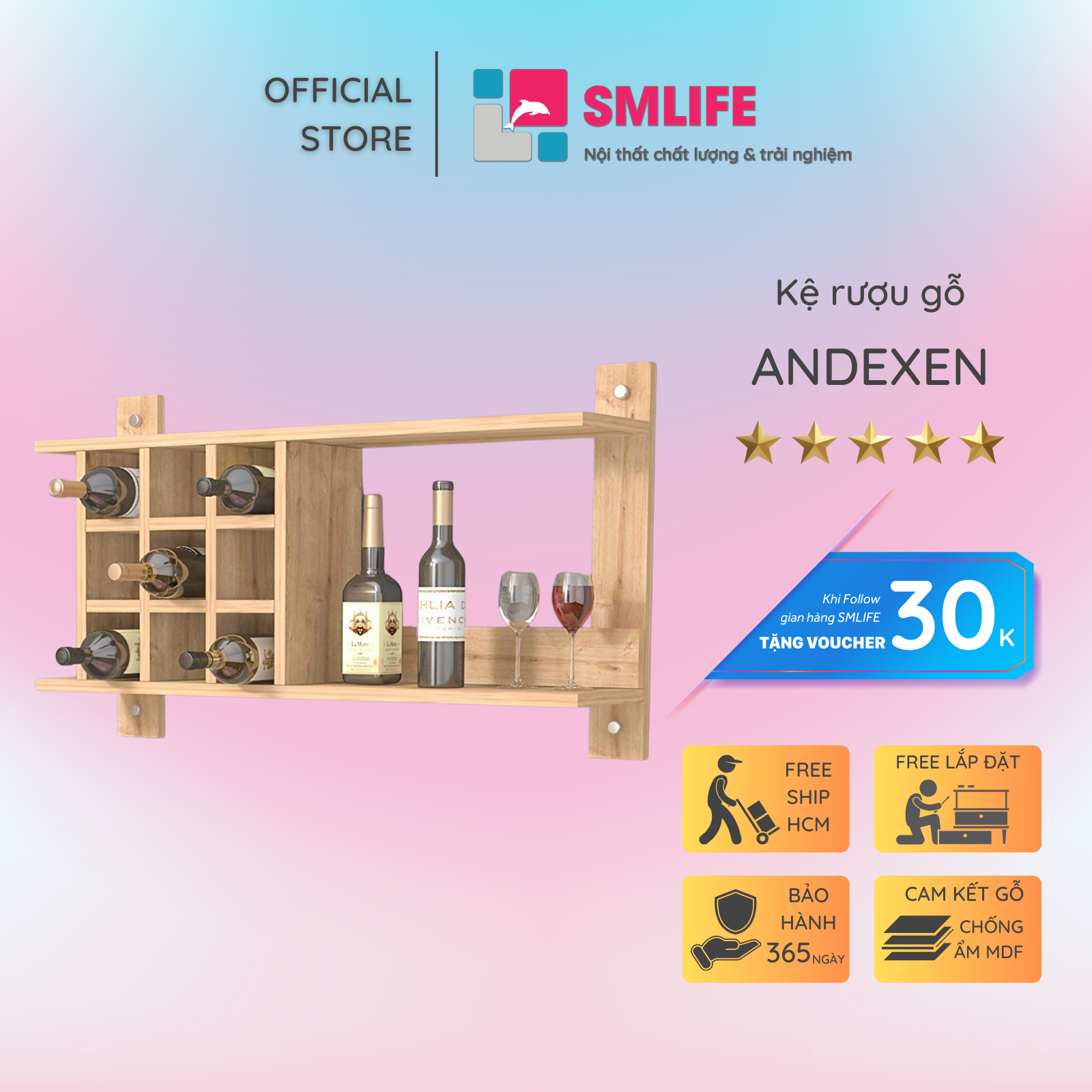 Kệ rượu gỗ hiện đại SMLIFE Andexen | Gỗ MDF dày 17mm chống ẩm | D90xR22xC55cm