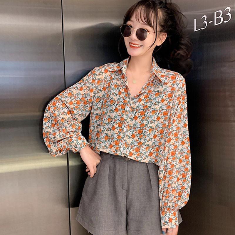 Áo Sơ Mi Tay Dài Form Rộng Họa Tiết Hoa Phong Cách Vintage