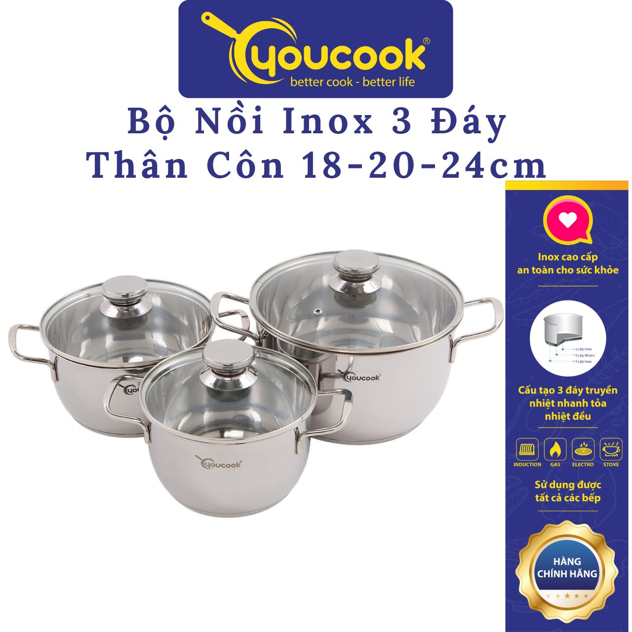 Bộ Nồi Inox You Cook 3 Đáy Thân Côn  18-20-24cm