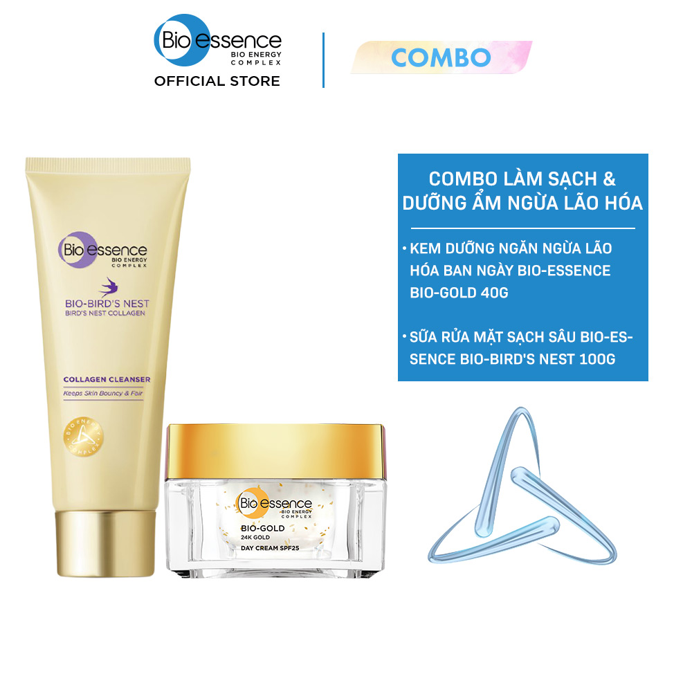 Combo Kem dưỡng ngừa lão hóa ban ngày Bio-essence Bio-gold 40g &amp; Sữa rửa mặt sạch sâu Bio-essence Bio-Bird's nest 100g