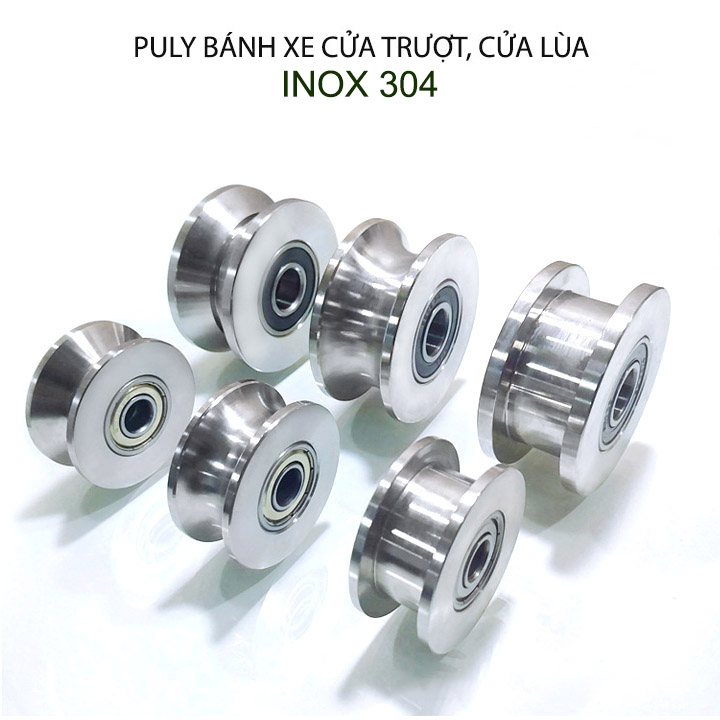 01 Bánh xe cho cửa cổng trượt, cửa lùa bằng inox 304, loại 22x68mm, Hình U, V, H tùy chọn