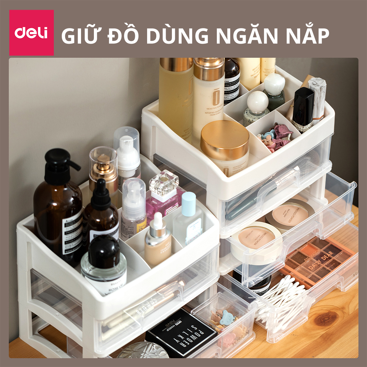 [Tặng sticker] Kệ Đựng Mỹ Phẩm Nhựa Nhiều Tầng Để Bàn Trong Suốt Có Thể Tháo Rời Deli - Kệ Đưng Đồ Trang Điểm Đồ Cá Nhân Nữ Trang Sức Hộp Lưu Trữ Văn Phòng Phẩm Decor Bàn Làm Việc Góc Học Tập - VS559 564