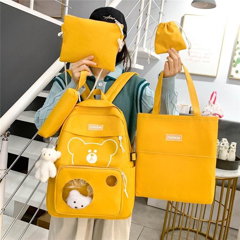 Combo balo 4 món thời trang ulzzang, Set balo 4 món đi học, balo 4 món -COMBO BALO 4 MÓN GẤU POLA