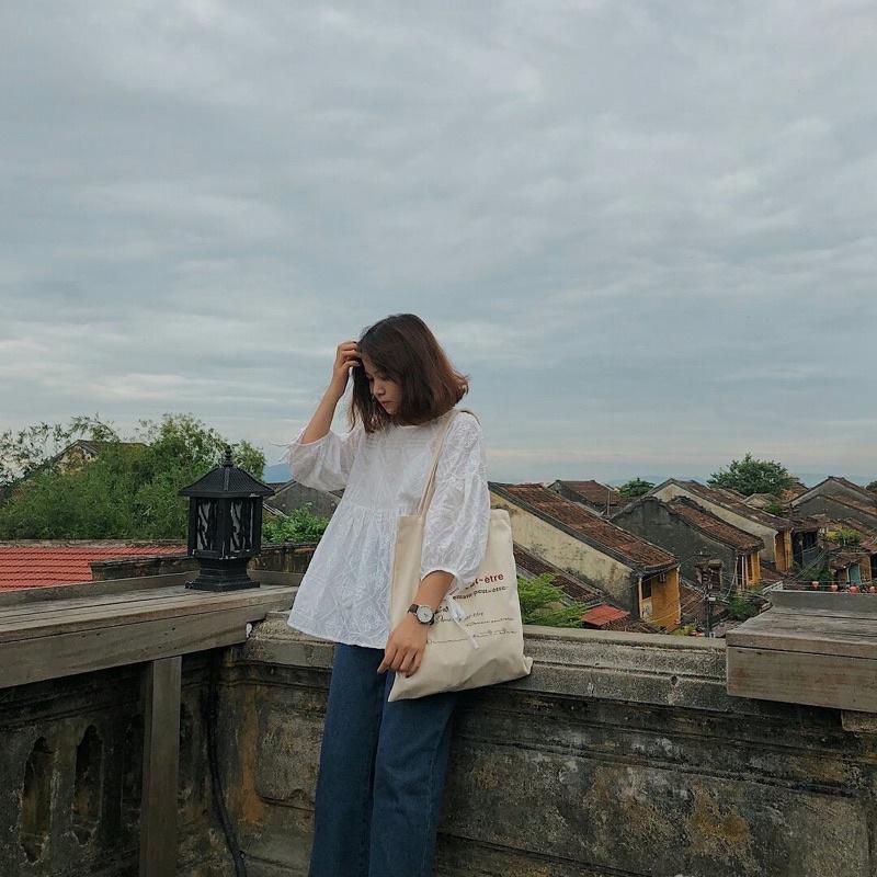 Túi tote canvas vải túi tote vải trắng ngà ulzzang vintage