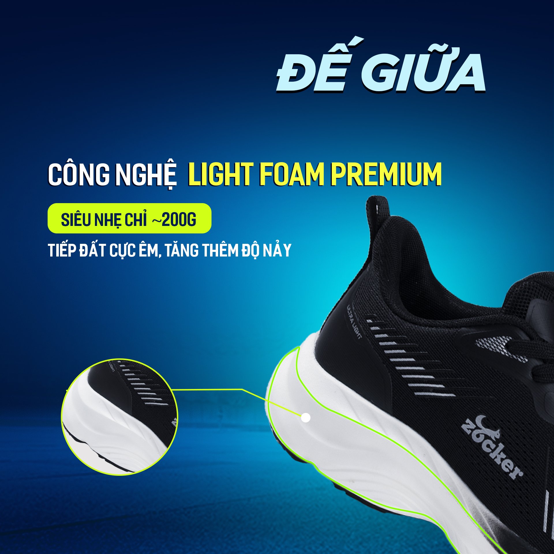 Giày Chạy Bộ Zocker Ultra Light Black - Công Nghệ Light Foam Premium Siêu Nhẹ - Siêu Êm - Siêu Nảy - Tặng kèm vệ sinh giày