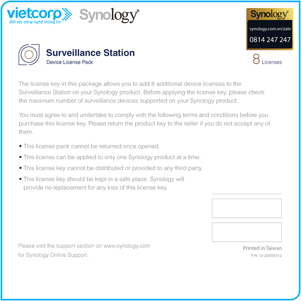 Bản quyền phần mềm 8 camera Synology CAMERAPACK8 - Hàng Chính Hãng