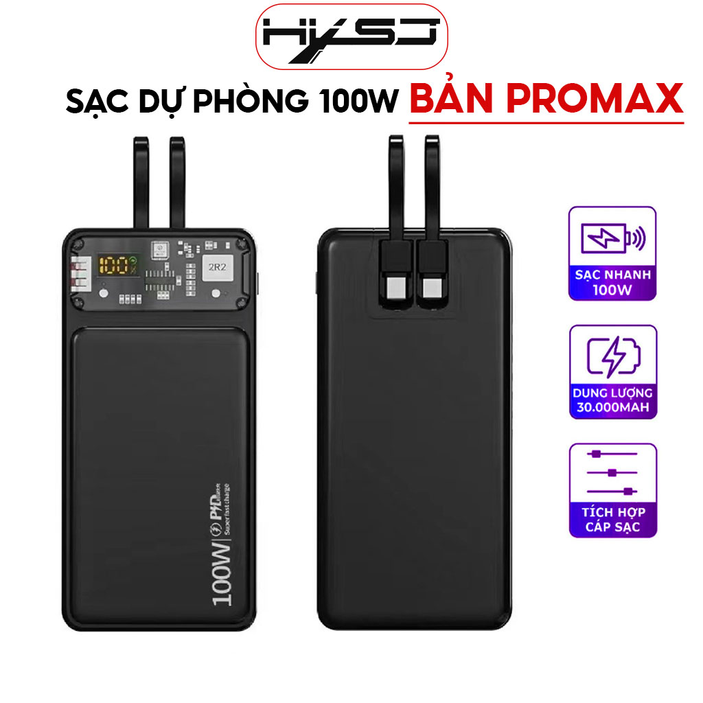 Sạc dự phòng 30000mah HXSJ DX159 công suất nhanh 100w dung lượng pin lớn có sẵn dây cho điện thoại - Hàng Chính Hãng