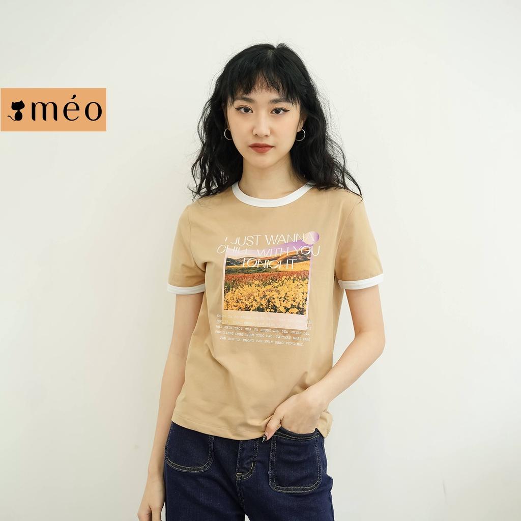 Áo thun tay lỡ Méo shop phông nữ cổ tròn cotton in hình Chillout form rộng có size