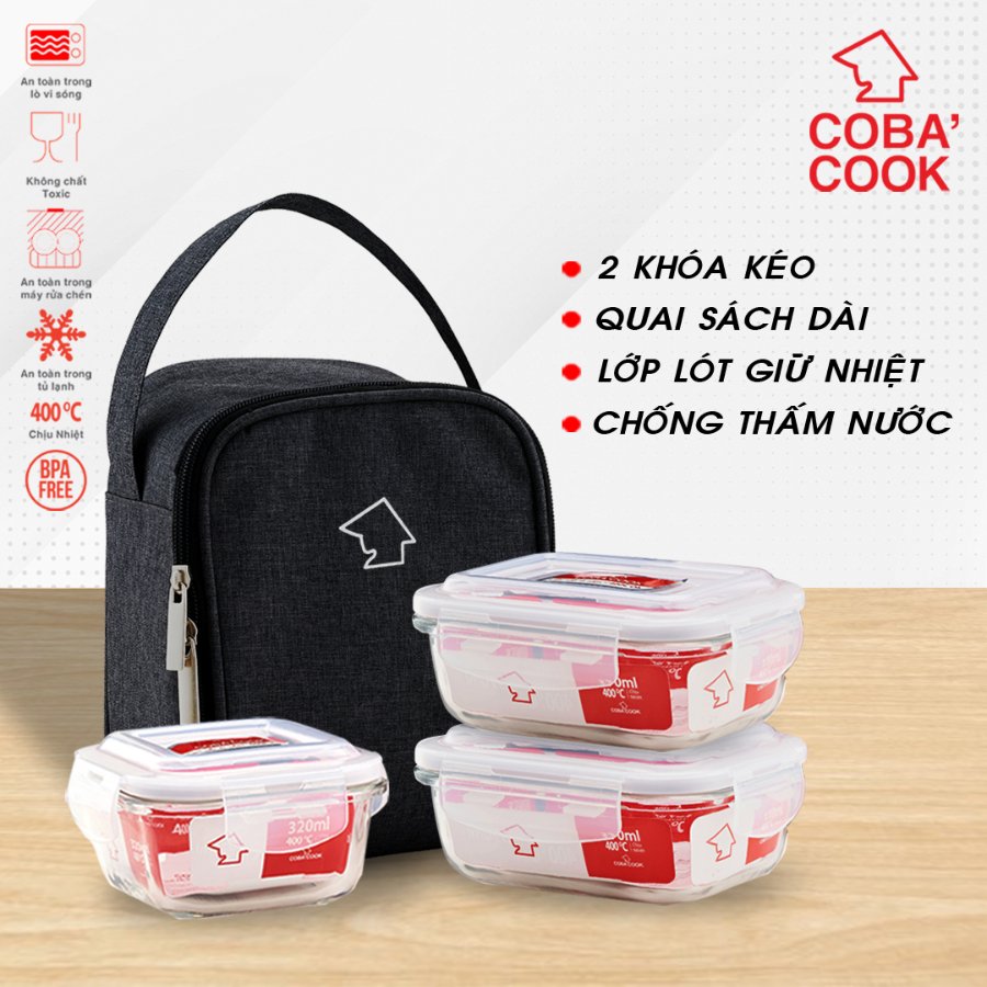 Bộ 3 hộp đựng cơm thủy tinh đựng đồ ăn COBA'COOK 1 hộp vuông 320 ml và 2 hộp 370ml kèm túi -XẢ KHO