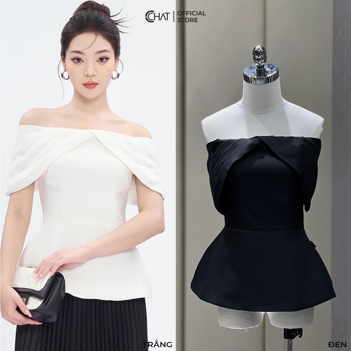Áo Kiểu Nữ Dáng Peplum Trễ Vai Xếp Nếp Chất Tuytsi Cao Cấp 53ANS2018PT