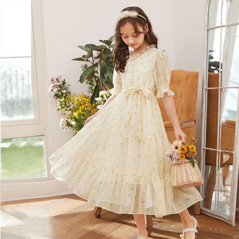 DONGSHOP HOT Váy bé gái mùa hè váy trẻ em hoa chiffon đầm 2023 bé gái lớn cô gái váy mùa hè siêu tiên