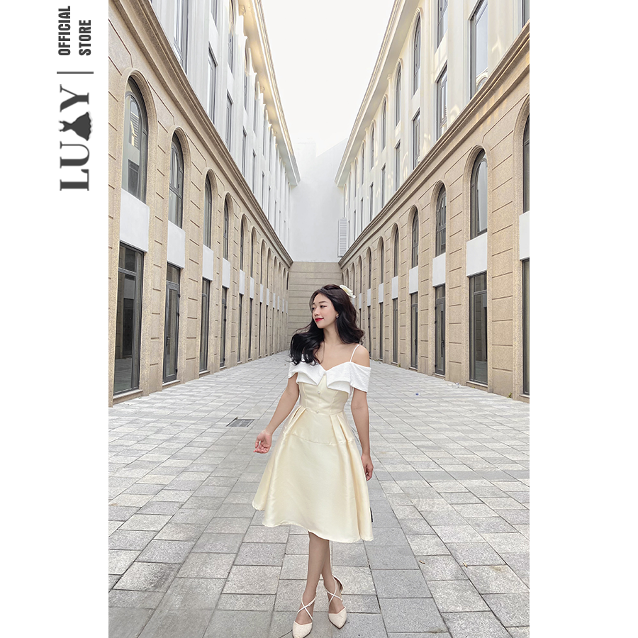 Váy 2 Dây Trễ Vai Luxy V30367, Chất Tafta Phối Vải Đính Cúc, Phong Cách Thanh Lịch