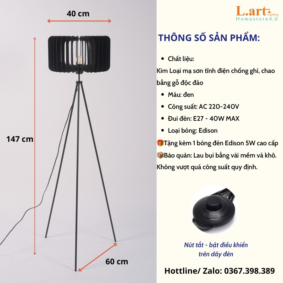 Đèn cây đứng đèn sàn chân máy phong cách Industrial chao đan bằng gỗ độc đáo DCLA013