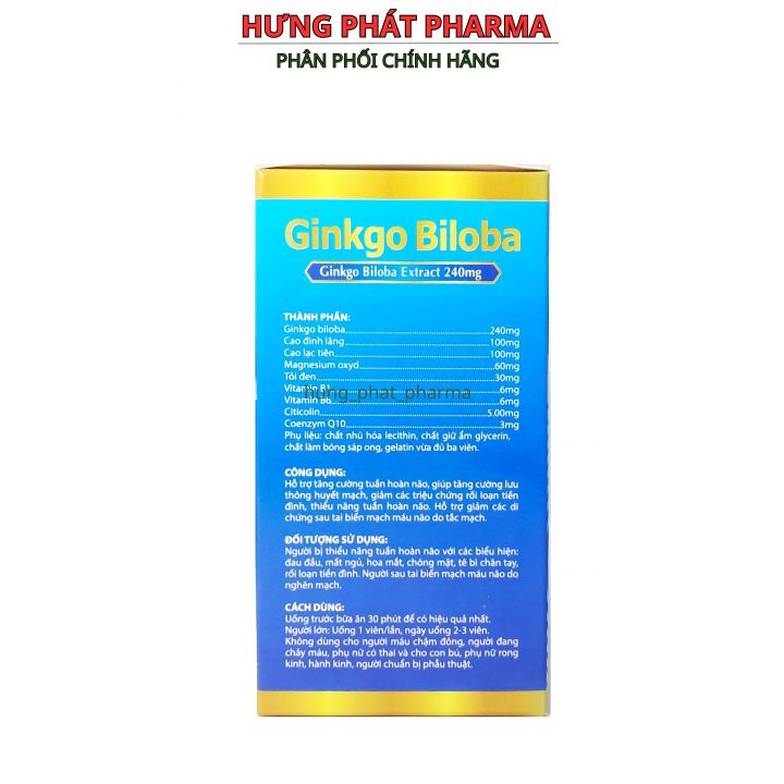 Hoạt huyết dưỡng não Ginkgo Biloba Extract 240mg giảm đau đầu, hoa mắt, chóng mặt, rối loạn tiền đình - Hộp100 viên