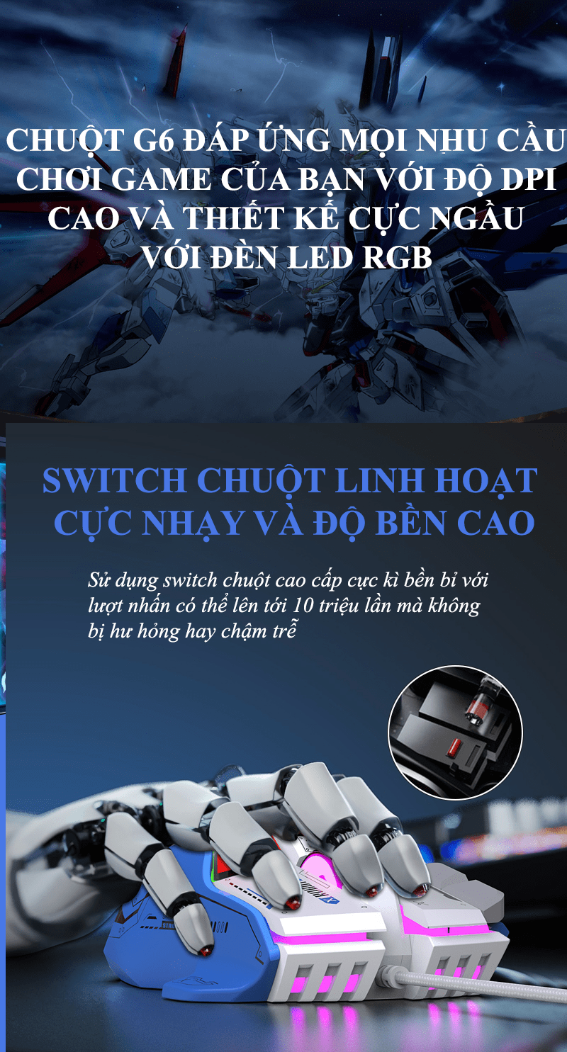 Chuột cơ chơi game G6S thiết kế robot cực ngầu với độ DPI lên đến 12800 kèm theo 13 chế độ đèn led RGB tùy chỉnh phù hợp cho các game thủ  - HT