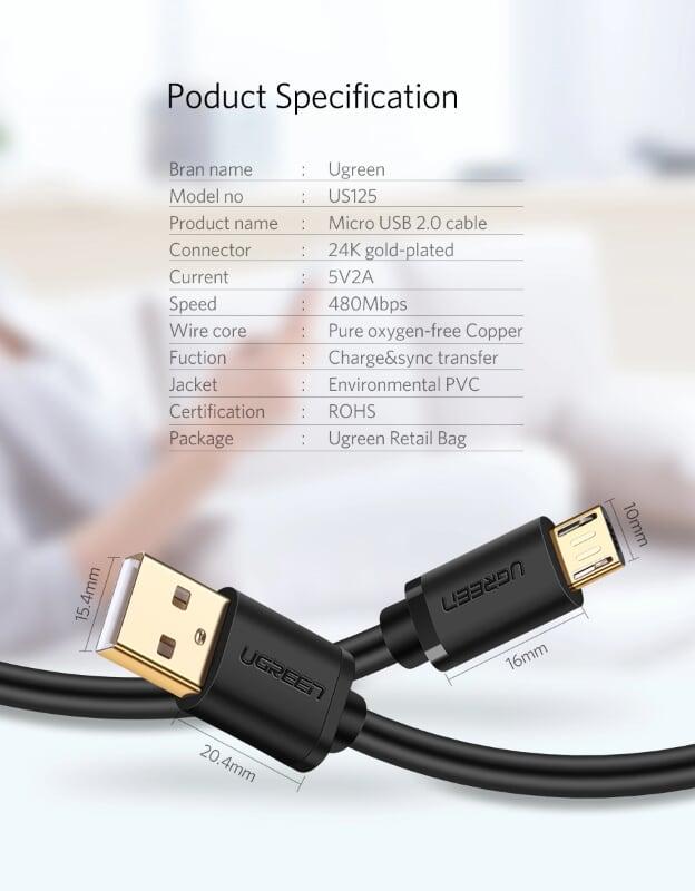 Ugreen UG10836US125TK 1M màu Đen Cáp sạc truyền dữ liệu USB 2.0 sang MICRO USB lõi đồng - HÀNG CHÍNH HÃNG