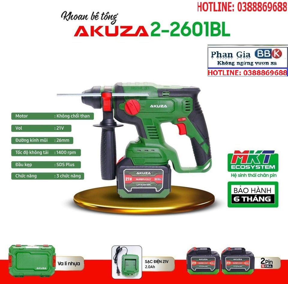 Máy Khoan Bê Tông 3 Chức Năng Pin AKUZA 2-2601 BL - Chân pin phổ thông, PIN 15 CELL - Bảo hành chính hãng